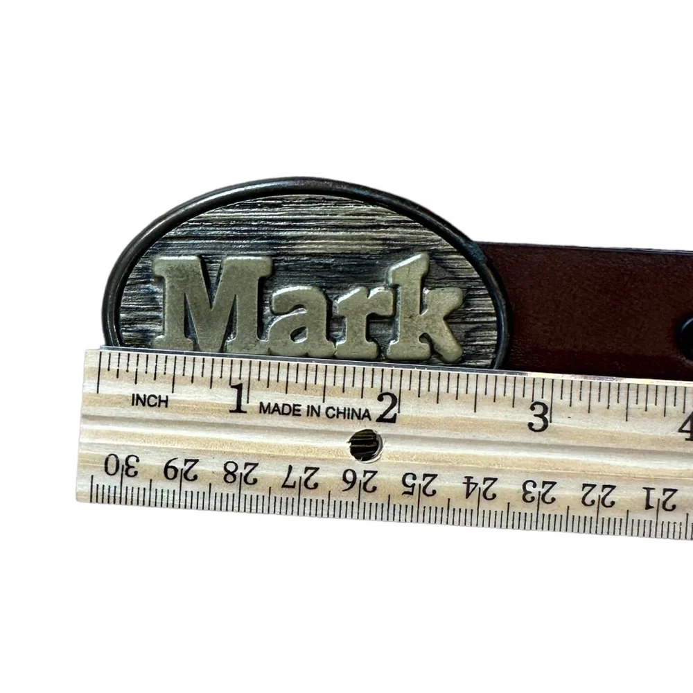 Oden Brown Leather Belt with Personalized -MARK- Name Buckle Size 26”-28”